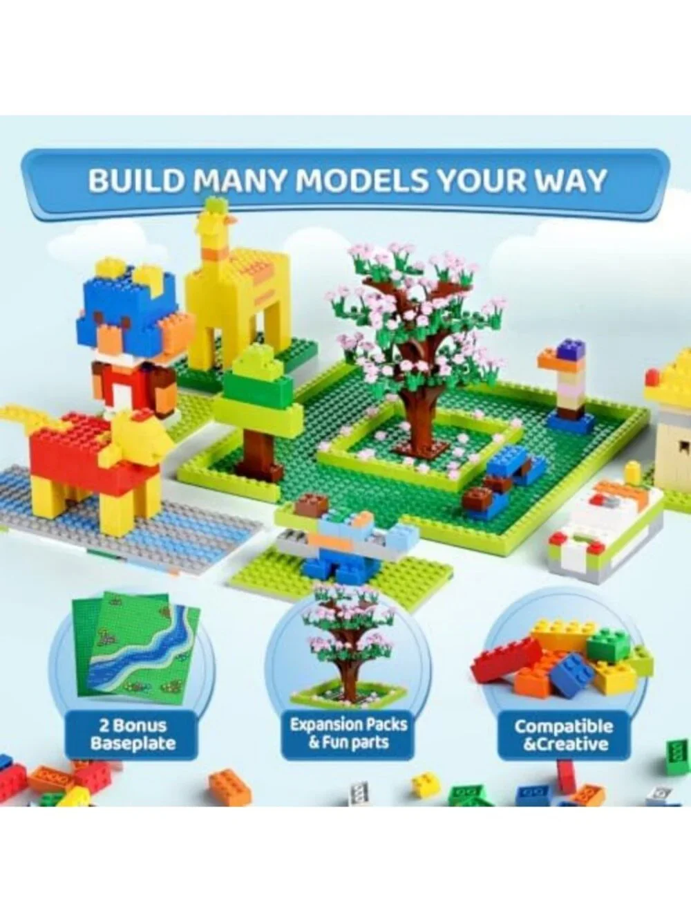 1800-Piece Building Bricks Set with Sticky Plates, Flowers, Trees & 14 Colors